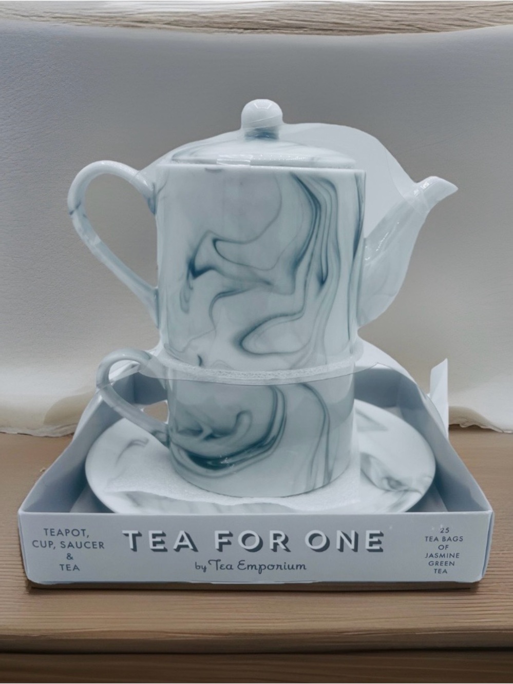 Tea For One Stacking Tea Set by Tea Emporium Marble Design Teapot Cup Saucer NIB
